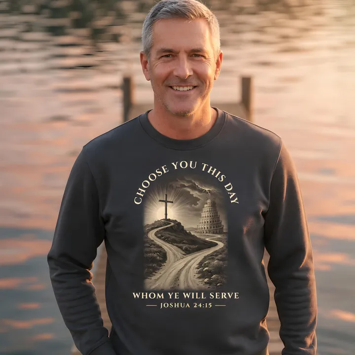 Man on a lakeside dock at sunset in a charcoal crewneck sweatshirt with the Choose You This Day design: a cross on a hill and a winding road beside the Tower of Babel, in an arched engraving with the words Choose you this day whom ye will serve, Joshua 24:15 printed on the front