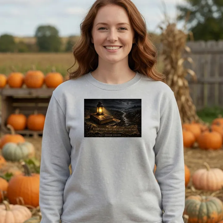 Smiling young woman at a pumpkin patch wearing a gray garment-dyed sweatshirt printed with a painting of a brass lantern glowing on a Bible beside a night path, over a banner reading A Lamp Unto My Feet and a Light Unto My Path, Psalm 119:105